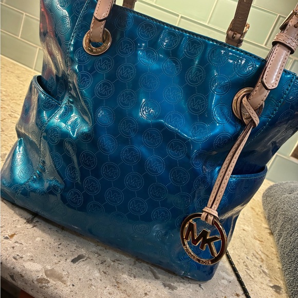 Michael Kors Teal Patent Logo Tote with Tan Straps - Picture 2 of 9